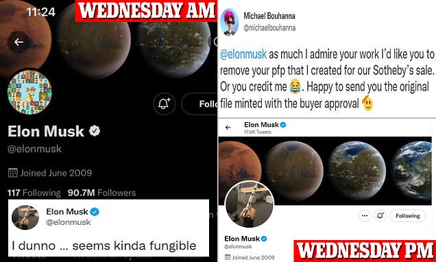 Elon Musk changes Twitter profile picture in perceived 'troll' to NFT community as sales plummet 92% | Daily Mail Online